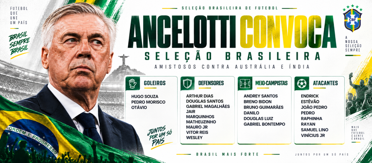 Ancelotti convoca 26 jogadores para o Brasil